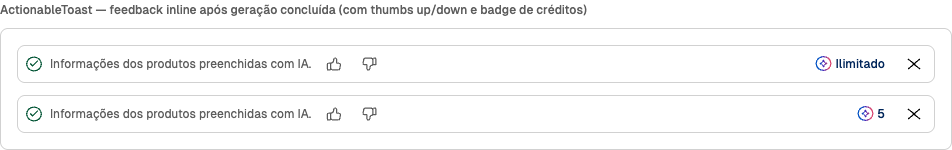 Toast com ação e botões de feedback (polegar para cima/baixo)
