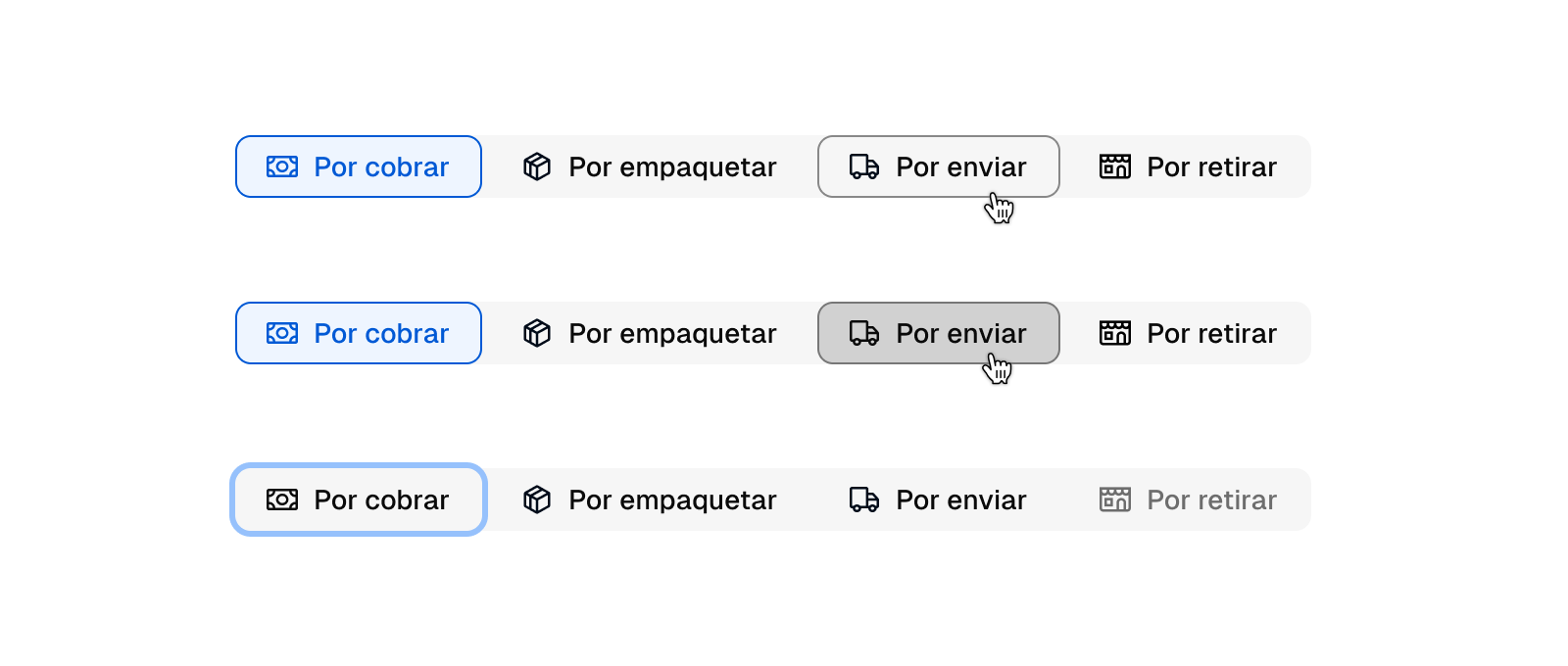 Imagen de los estados interactivos: selected, rest, hover, pressed y disabled