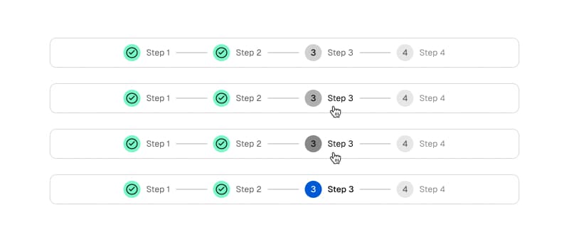 Imagen de los estados interactivos de las etapas: rest, hover, focused y pressed
